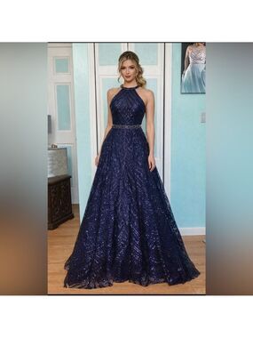 Size 10 Navy Sequin Ball gown Clarisse 5112 open back prom pageant dress NWT